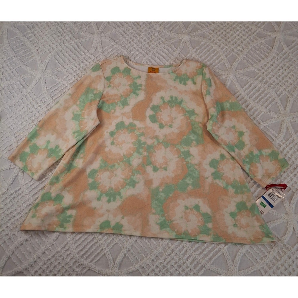 Ruby Rd PXL Tie Dye Swirl 3/4 Sleeve Soft Pullover Top Peach Green Petite XL NWT